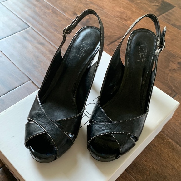 LOFT Christina Black Leather Platform Peep Toe Slingback Heels Size 6.5 - Picture 2 of 16